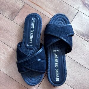 Opening ceremony black leather, suede and rattan studded sandals flats - 36